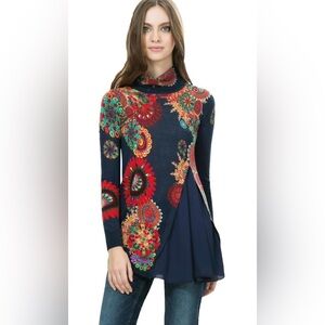 Desigual Navy Blue A-line Lightweight Floral Rhinestone Turtleneck Sweater Sz L